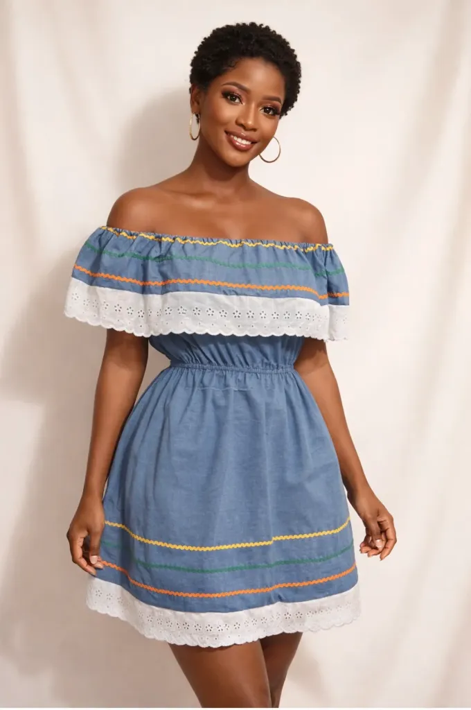 Short Haitian Karabela dress (Banda dress) with headscarf (S)