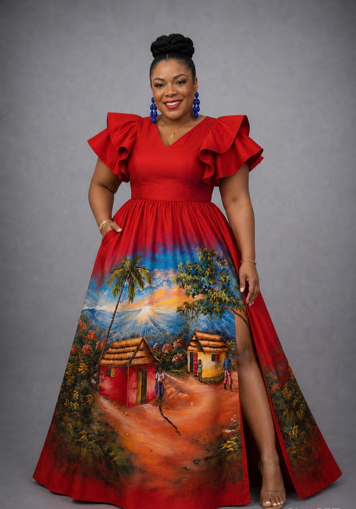 Maxi dress with slit and ruffled sleeves, round neck, suited to formal occasions such as weddings, galas and elegant evenings (Red, L)