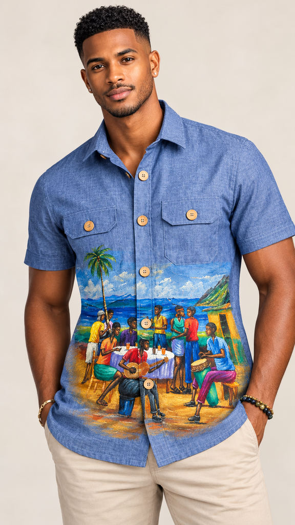 Le Marron — Chemise Karabela haïtien peinte à la main (L, Motif 1)