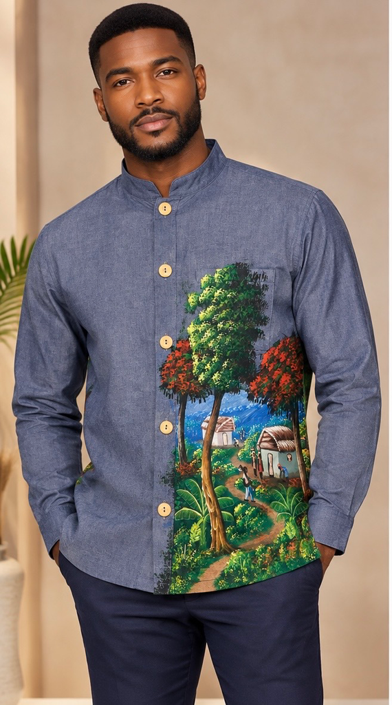Peyizan- Chemise en karabela haitien (M, Motif 1)
